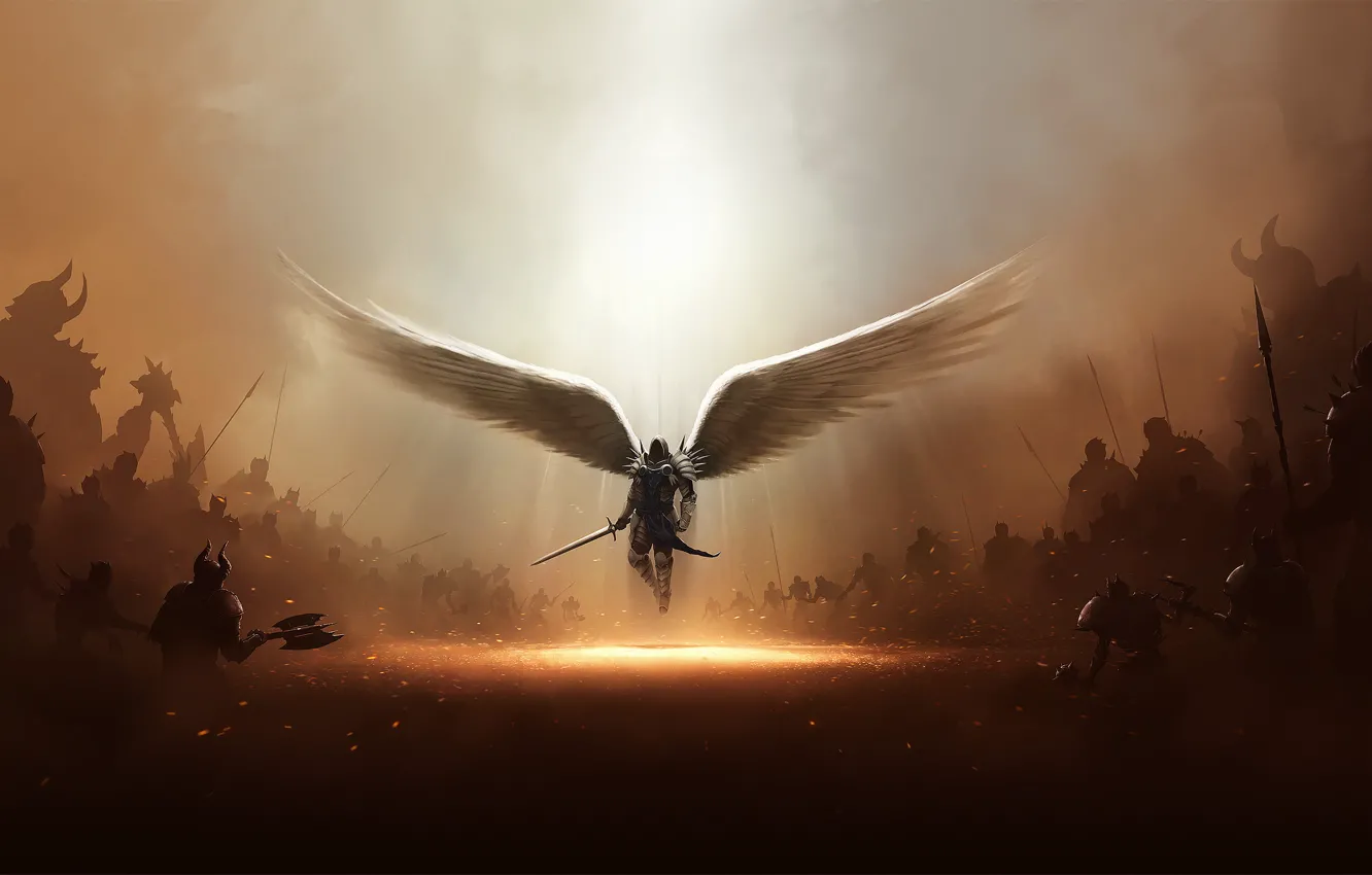 Фото обои крылья, ангел, меч, Diablo 3, свет божий