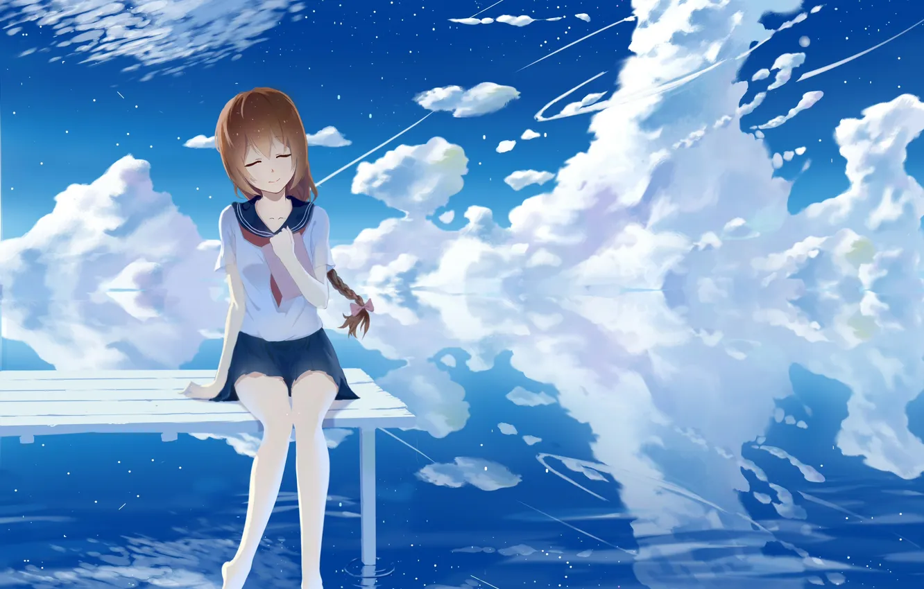 Фото обои небо, вода, девушка, облака, отражение, аниме, арт, коса