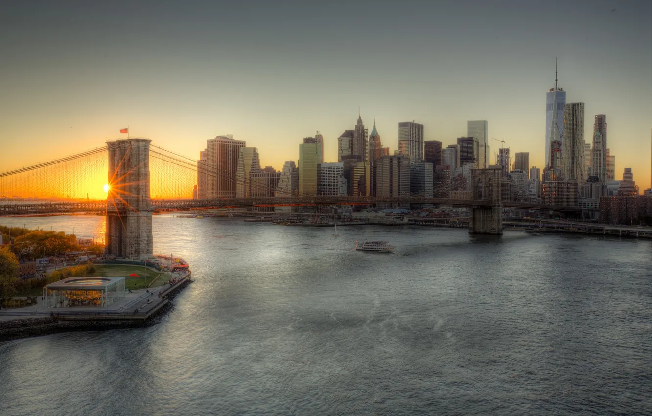 Фото обои United States, sunset, Brooklyn, Manhattan, Brooklyn Bridge, One World Trade Center, 1WTC, OWTC