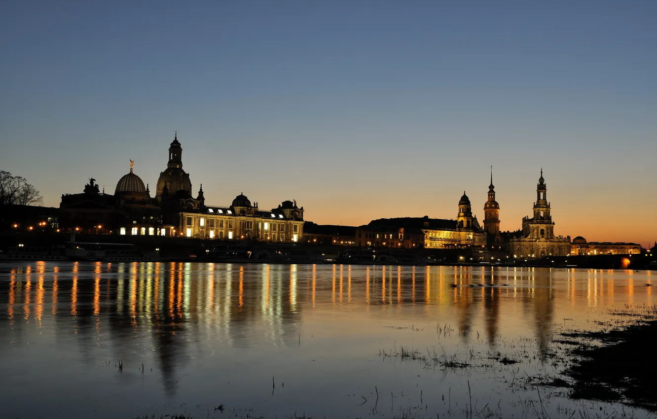Фото обои огни, река, дома, вечер, Германия, Дрезден