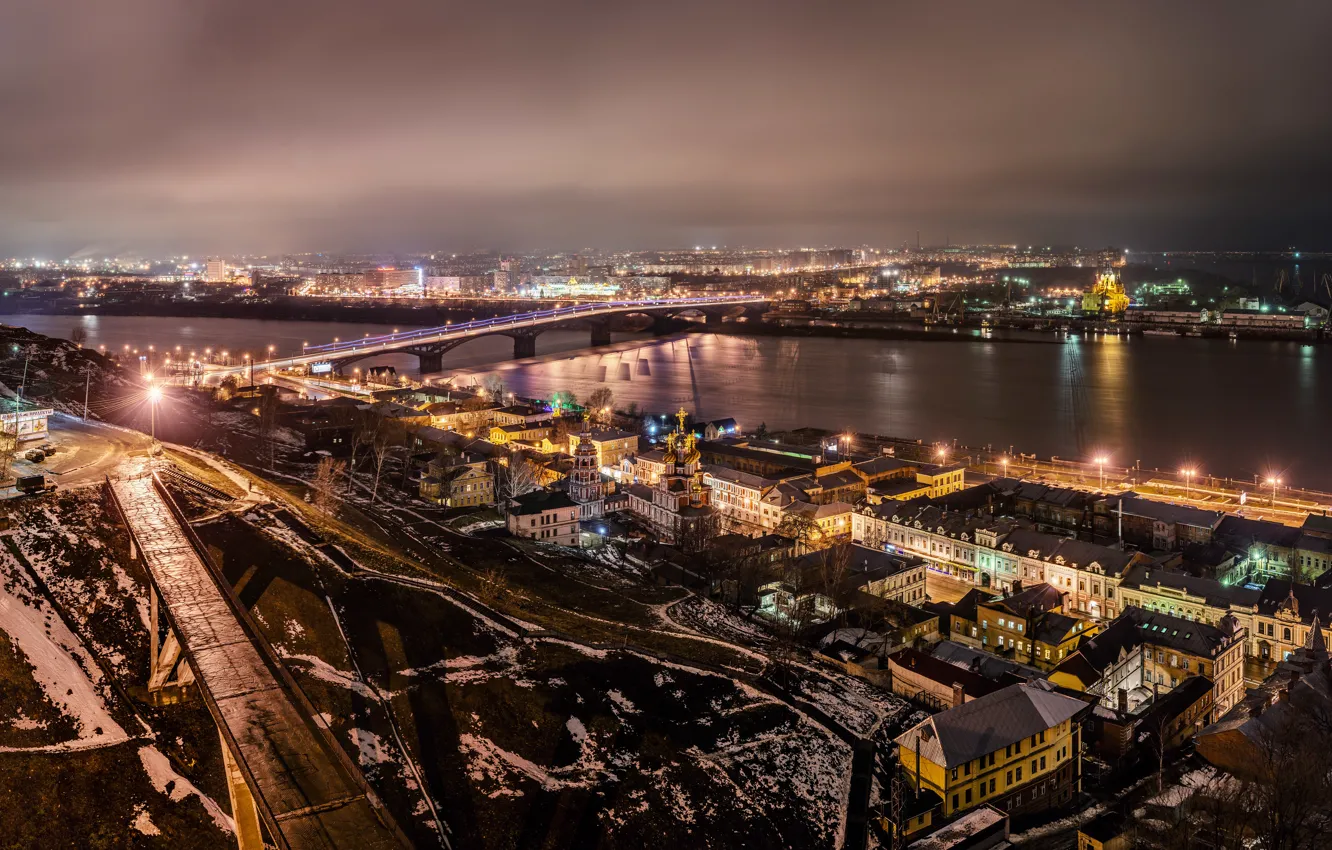 Фото обои ночь, город, HDR, фонари, панорама, panorama