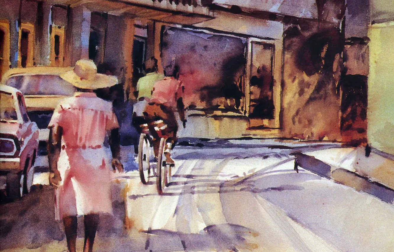 Фото обои город, улица, картина, велосипедист, автомобиль, дама в шляпе