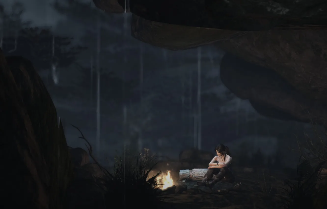 Фото обои гора, костер, пещера, Лара Крофт, campfire, screenshot, Tomb Raider 2013, screensaver