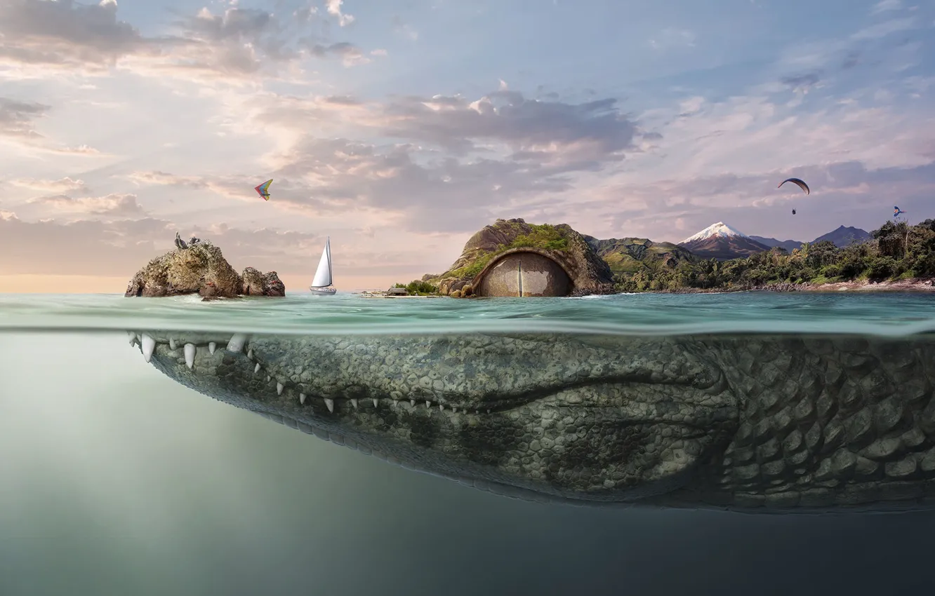 Фото обои вода, фантазия, крокодил, luiz alves