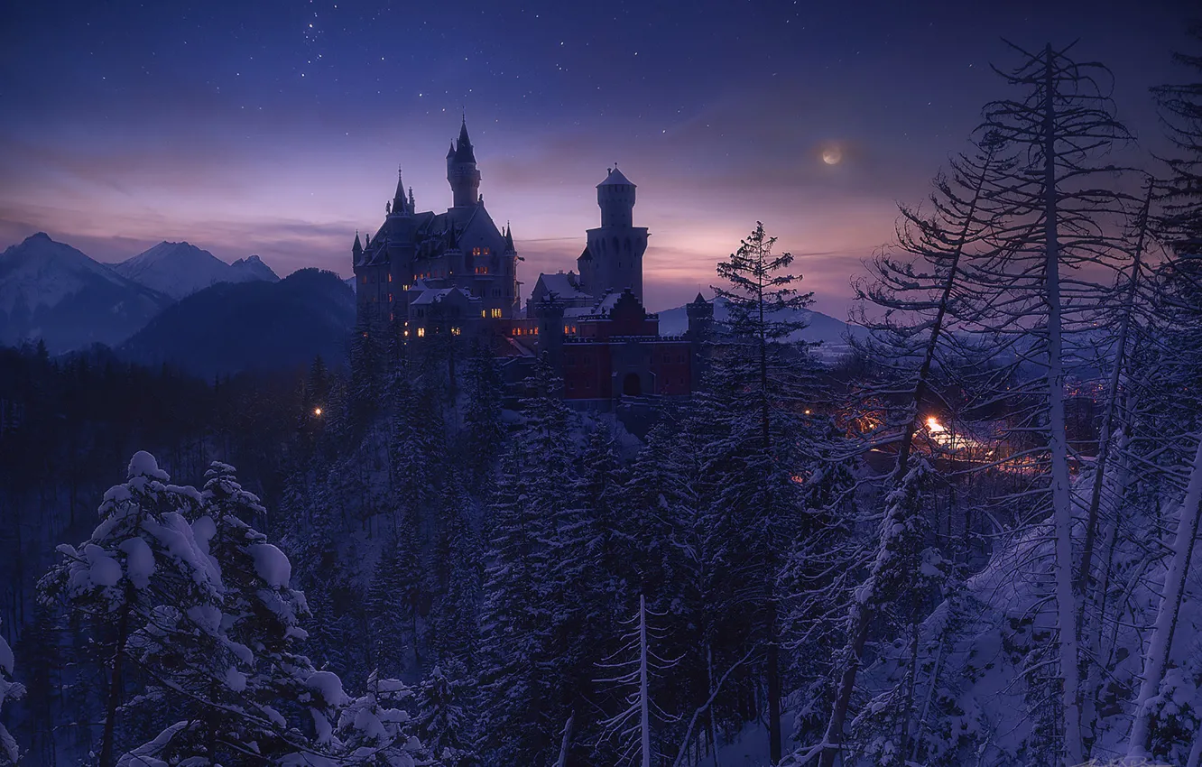 Фото обои зима, снег, ночь, замок, Neuschwanstein