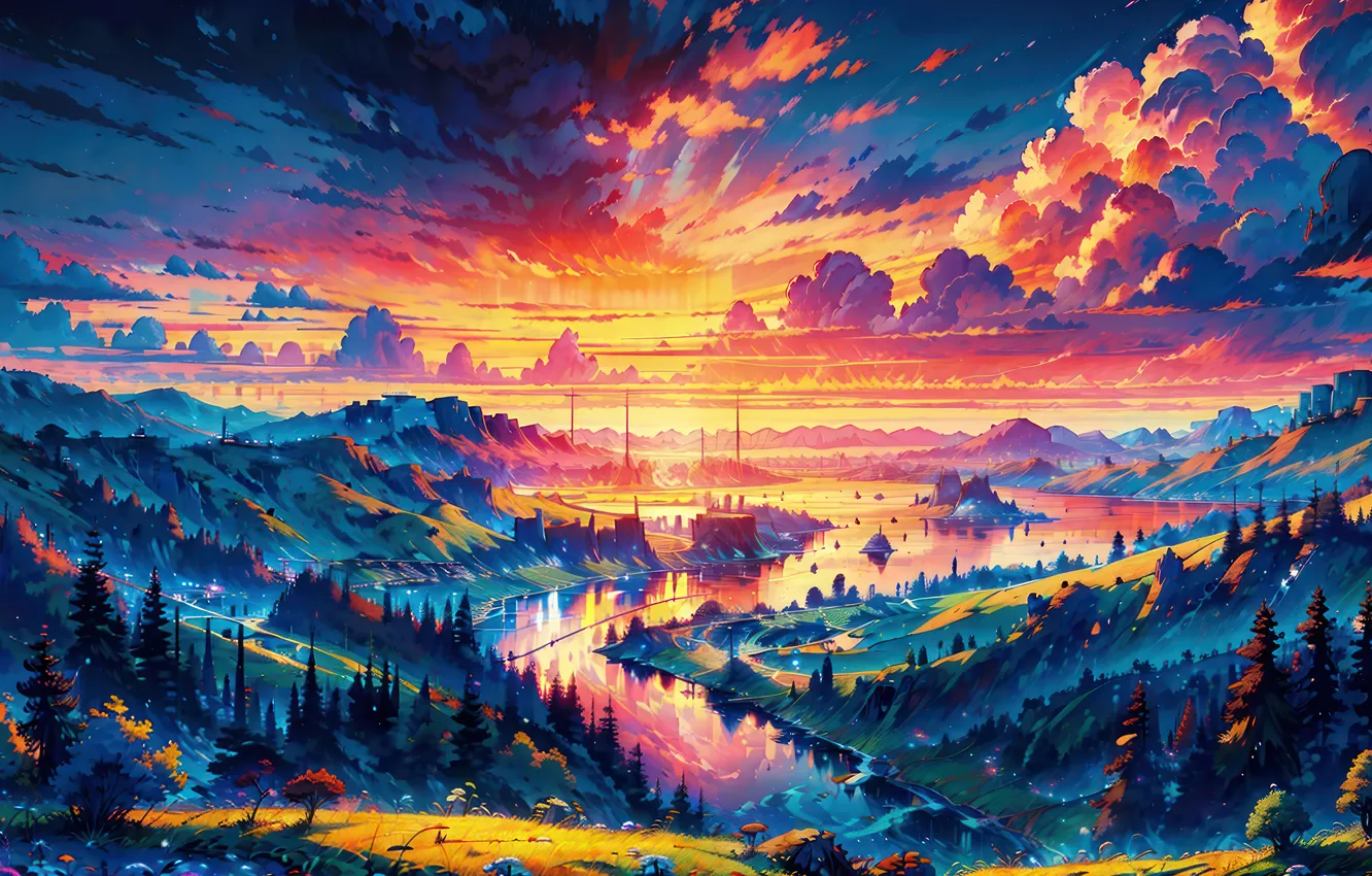 Фото обои forest, landscape, scenery, sunrise, digital art, cloudy, AI Generated