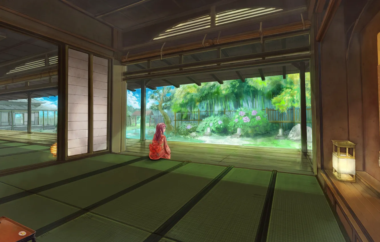 Фото обои девушка, дом, азия, доски, сад, арт, кимоно, помещение