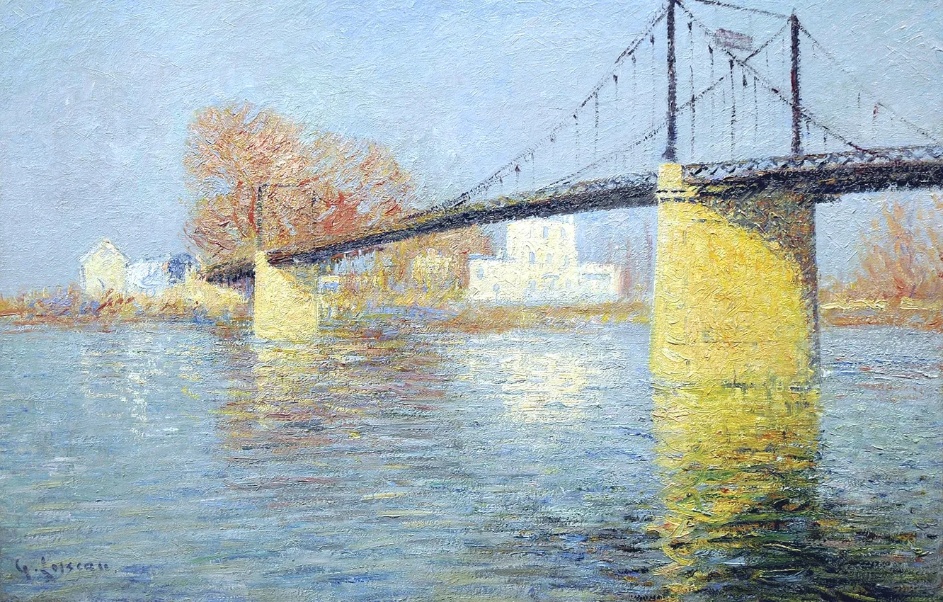 Фото обои небо, деревья, пейзаж, река, картина, Гюстав Луазо, Подвесной мост в Триэль-сюр-Сен