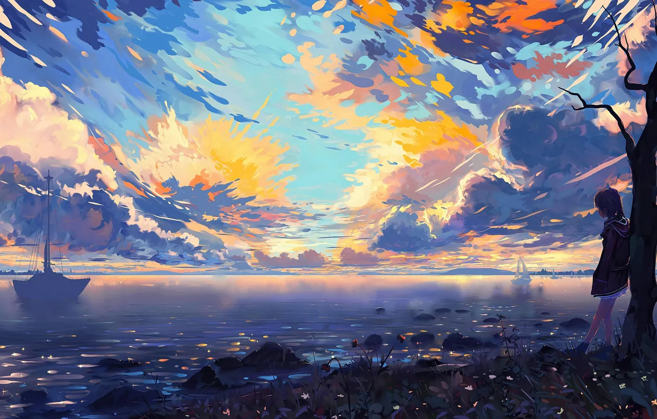 Фото обои colorful, sky, clouds, lake, tree, mood, painting, digital art