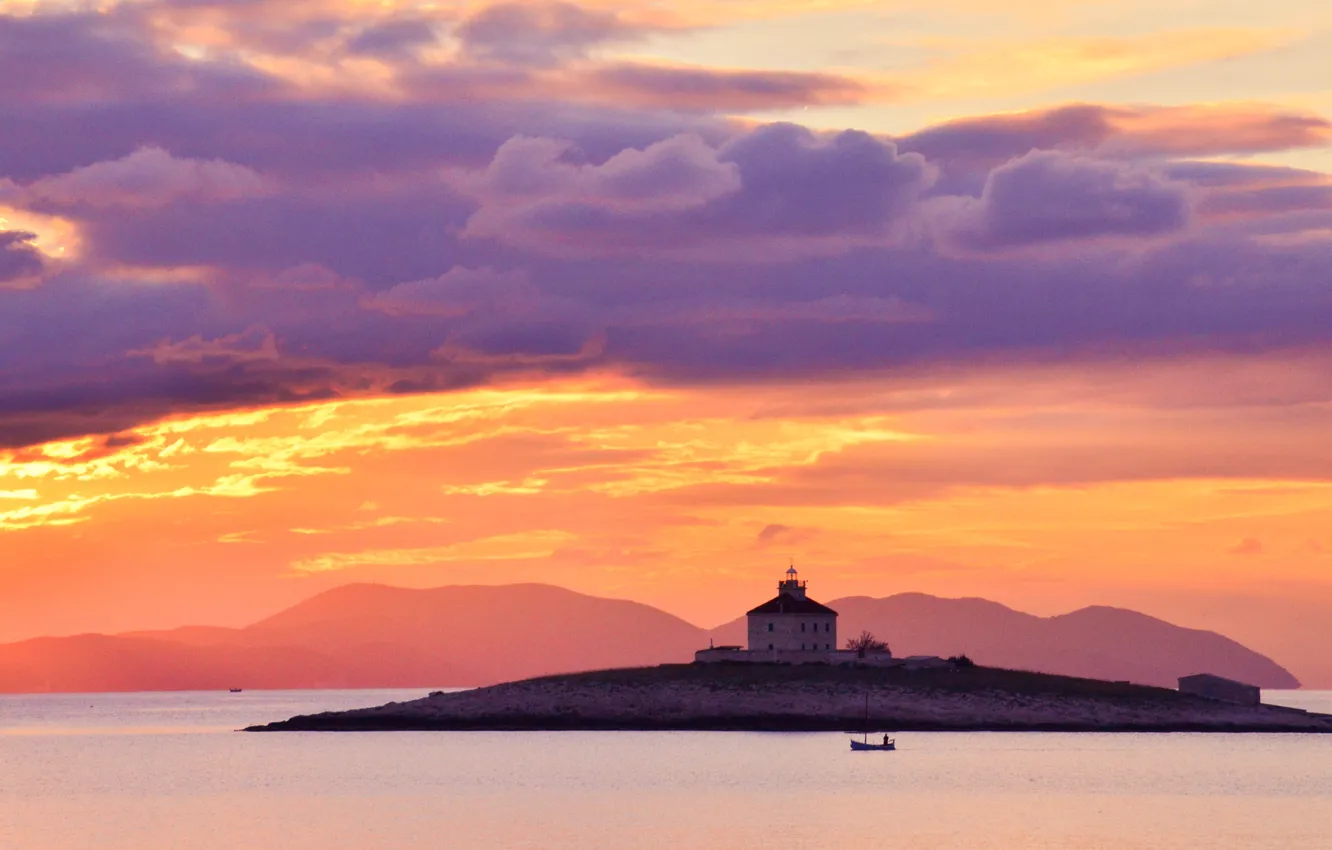 Фото обои twilight, sea, ocean, coast, sunset, mountains, clouds, island
