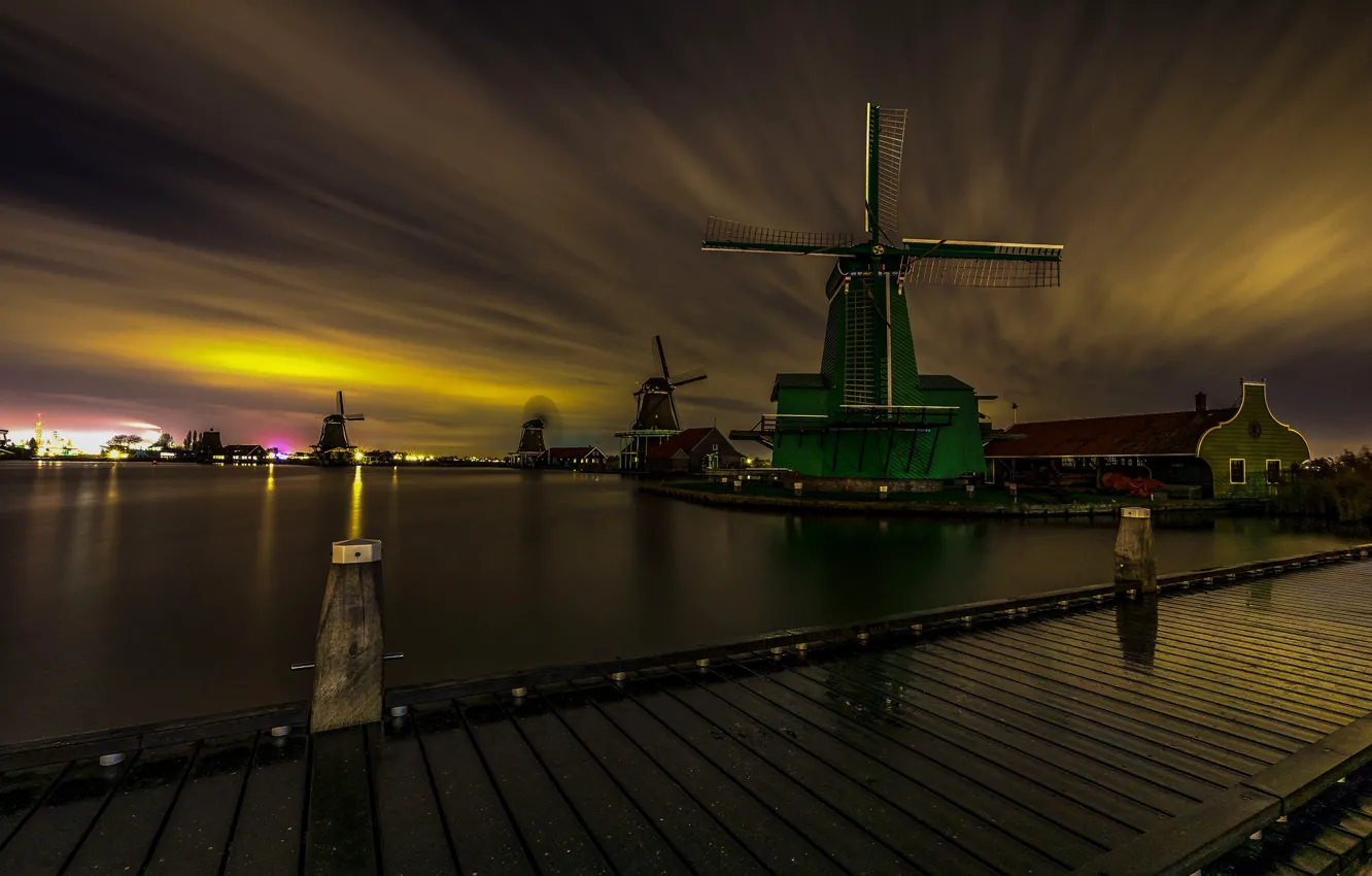 Фото обои ночь, мост, огни, канал, Нидерланды, ветряная мельница, Зансе-Сханс