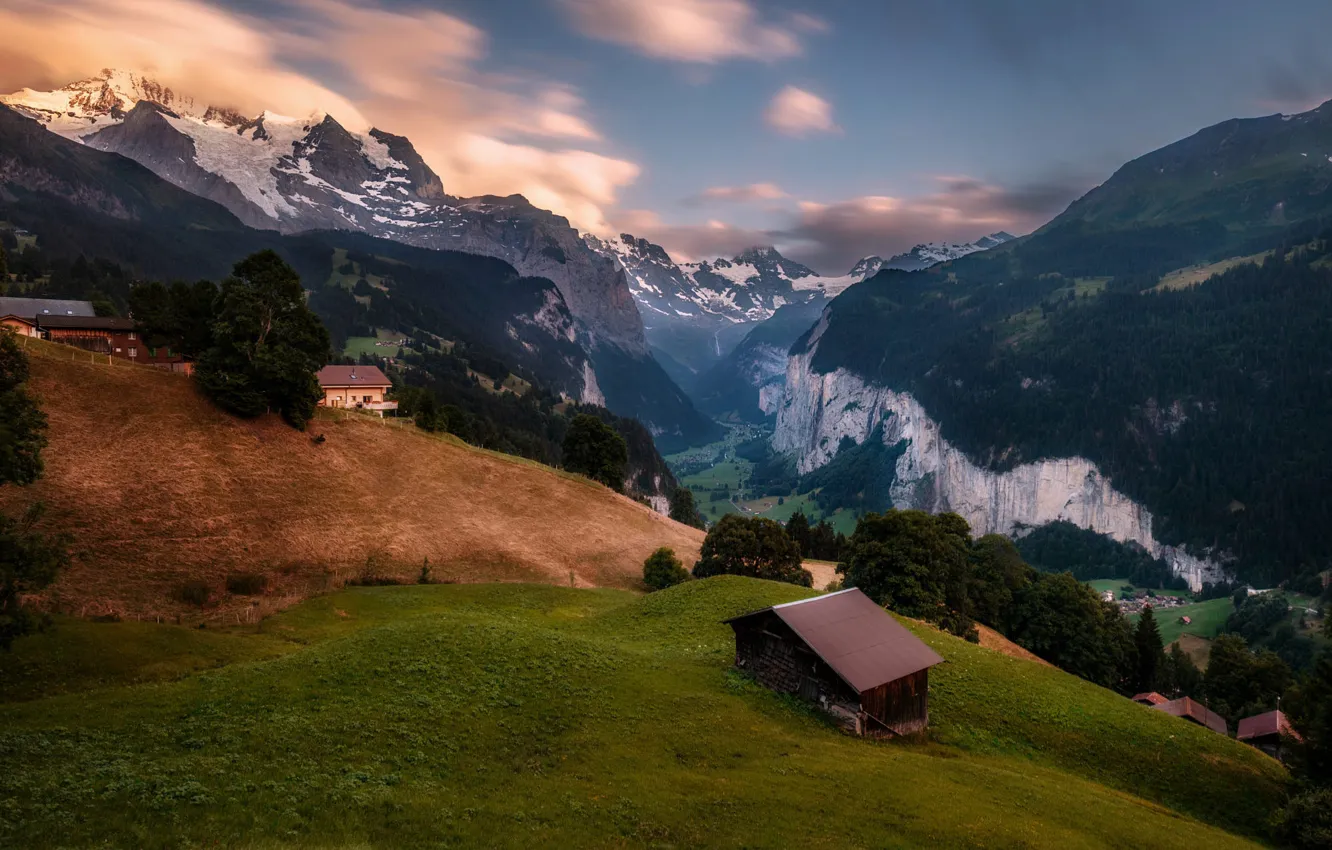 Фото обои Альпы, домики, альпийская деревня