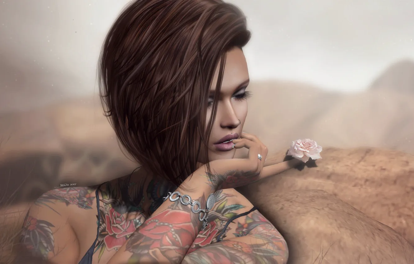 Фото обои цветок, девушка, прическа, татуировка