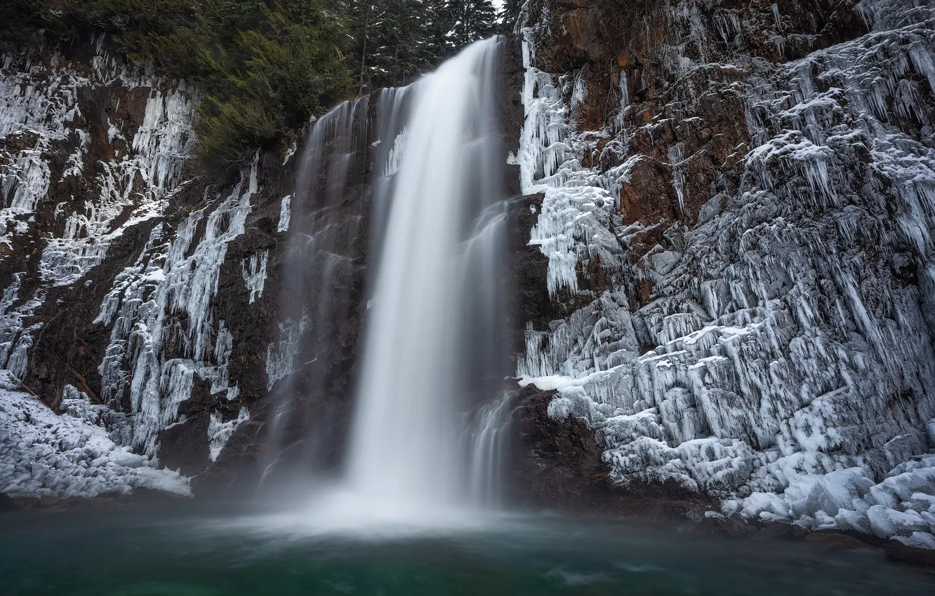 Фото обои скала, река, водопад, лёд, Washington State, Штат Вашингтон, Snoqualmie River, Река Сноквалми