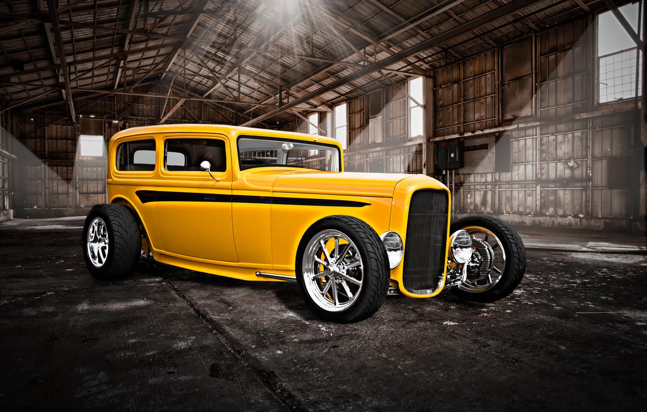 Фото обои желтый, ретро, ангар, классика, hot-rod, classic car