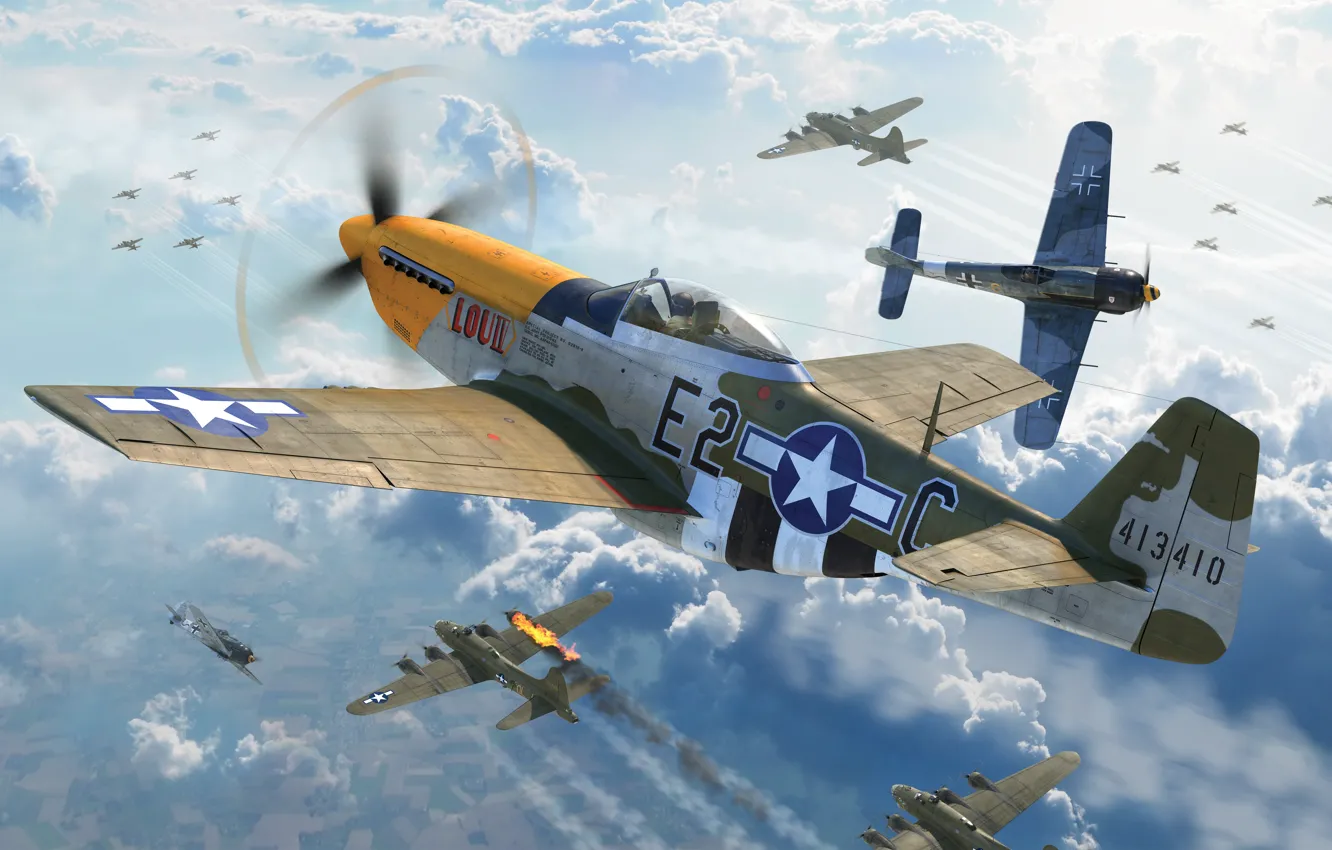 Фото обои USAF, P-51D Mustang, B-17, Luftwaffe, WW2, Fw.190A-8