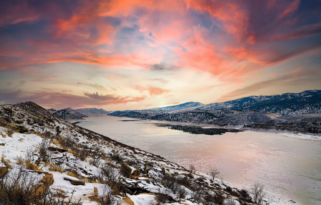 Фото обои закат, Зима, США, Colorado, штат Колорадо, Winter Sunset, Horsetooth Reservoir, водохранилище Хорсетут