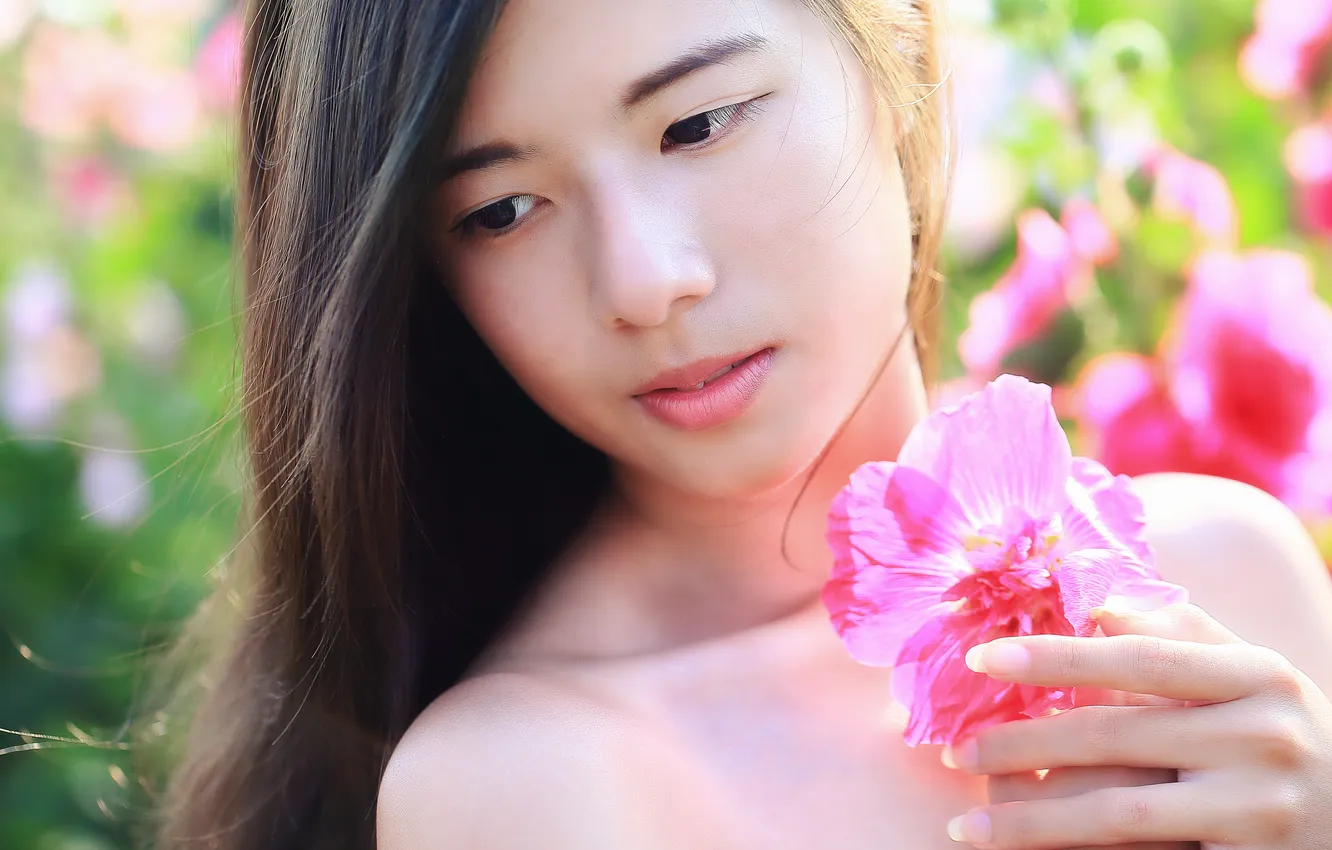 Фото обои цветок, лето, девушка, лицо, волосы, азиатка