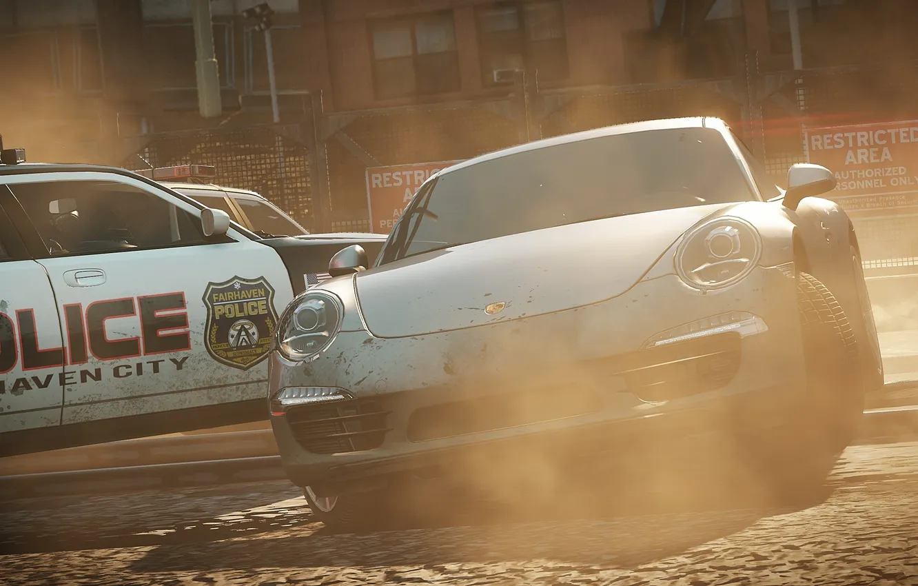 Фото обои дым, погоня, need for speed most wanted 2012.Porsche.копы