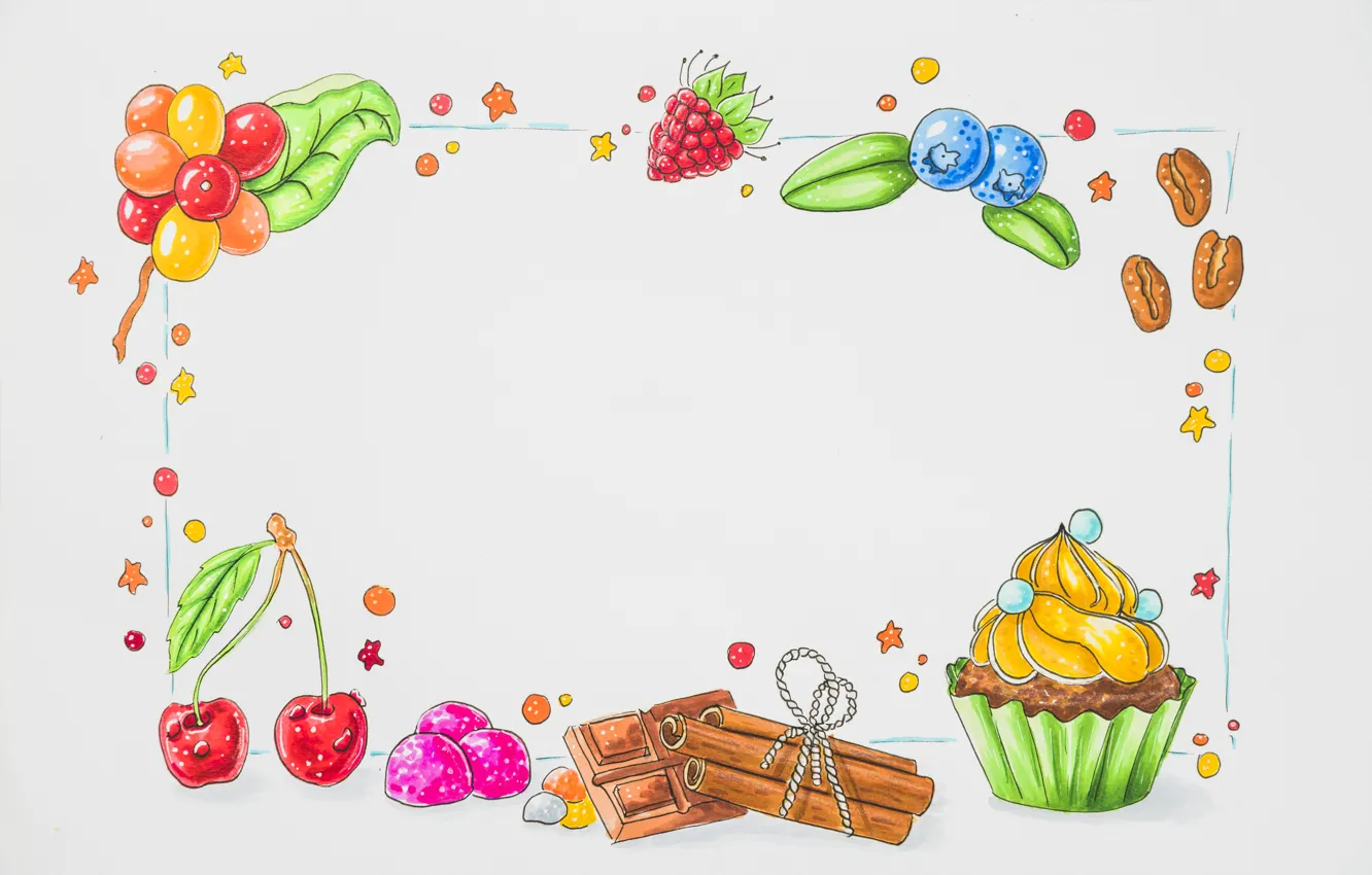 Фото обои белый, ягоды, фон, рамка, фрукты, десерт, background, Chocolate