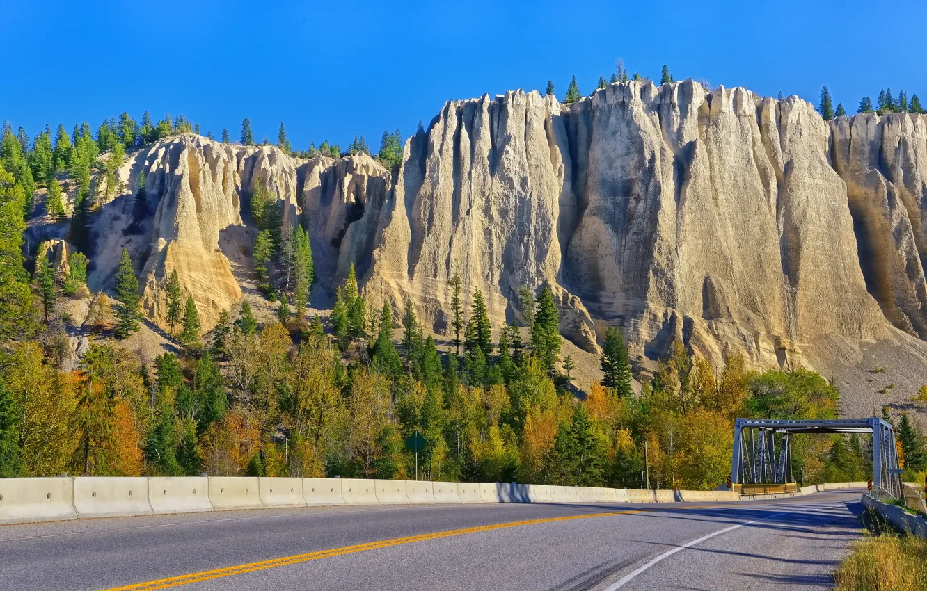 Фото обои дорога, деревья, горы, мост, скалы, Канада, Canada, British Columbia