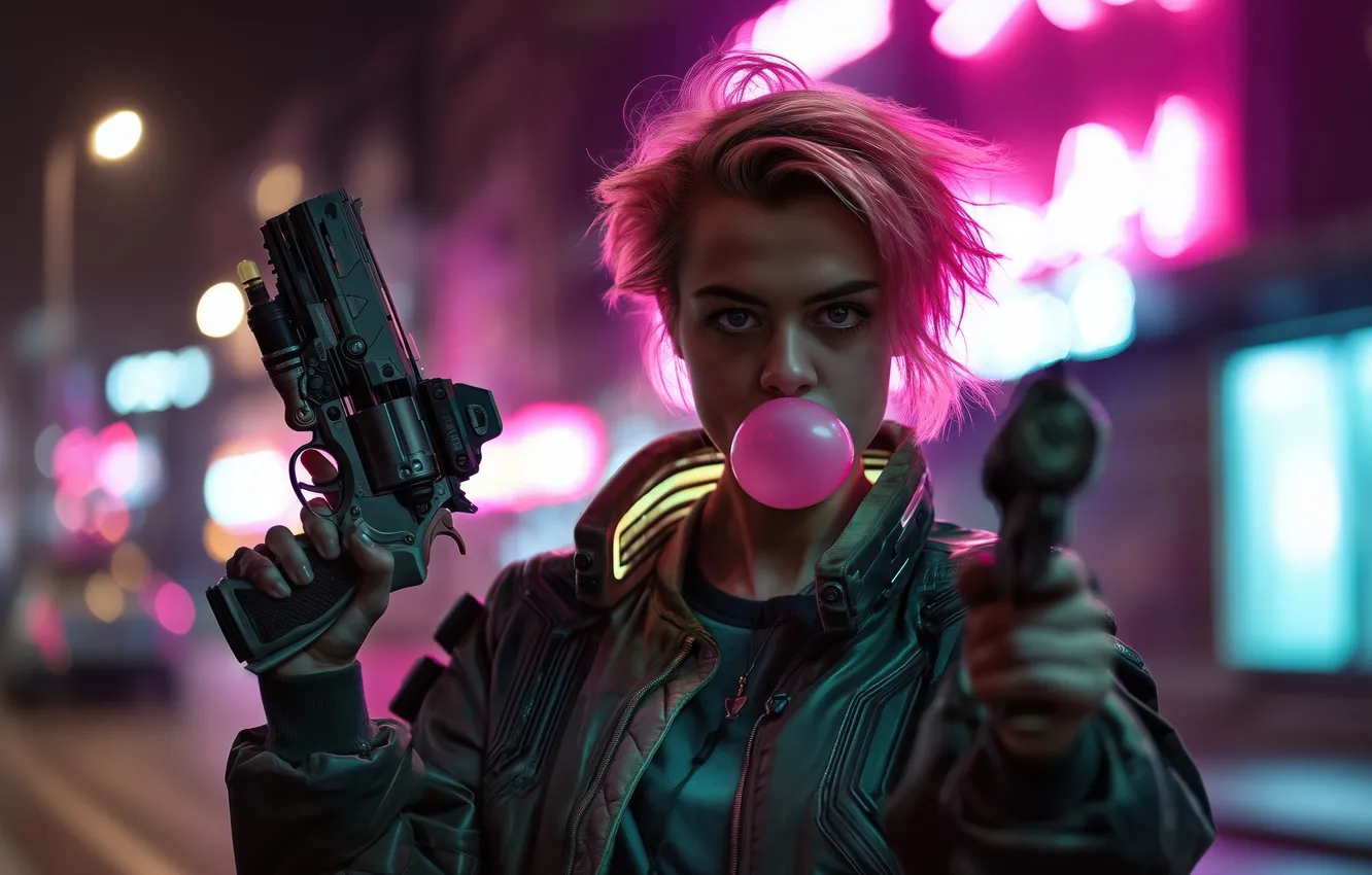 Фото обои pink hair, neon, cyberpunk, women, bokeh, cyborg, girls with guns, depth of field