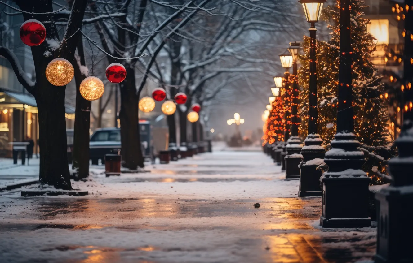 Фото обои зима, снег, украшения, ночь, город, lights, шары, улица