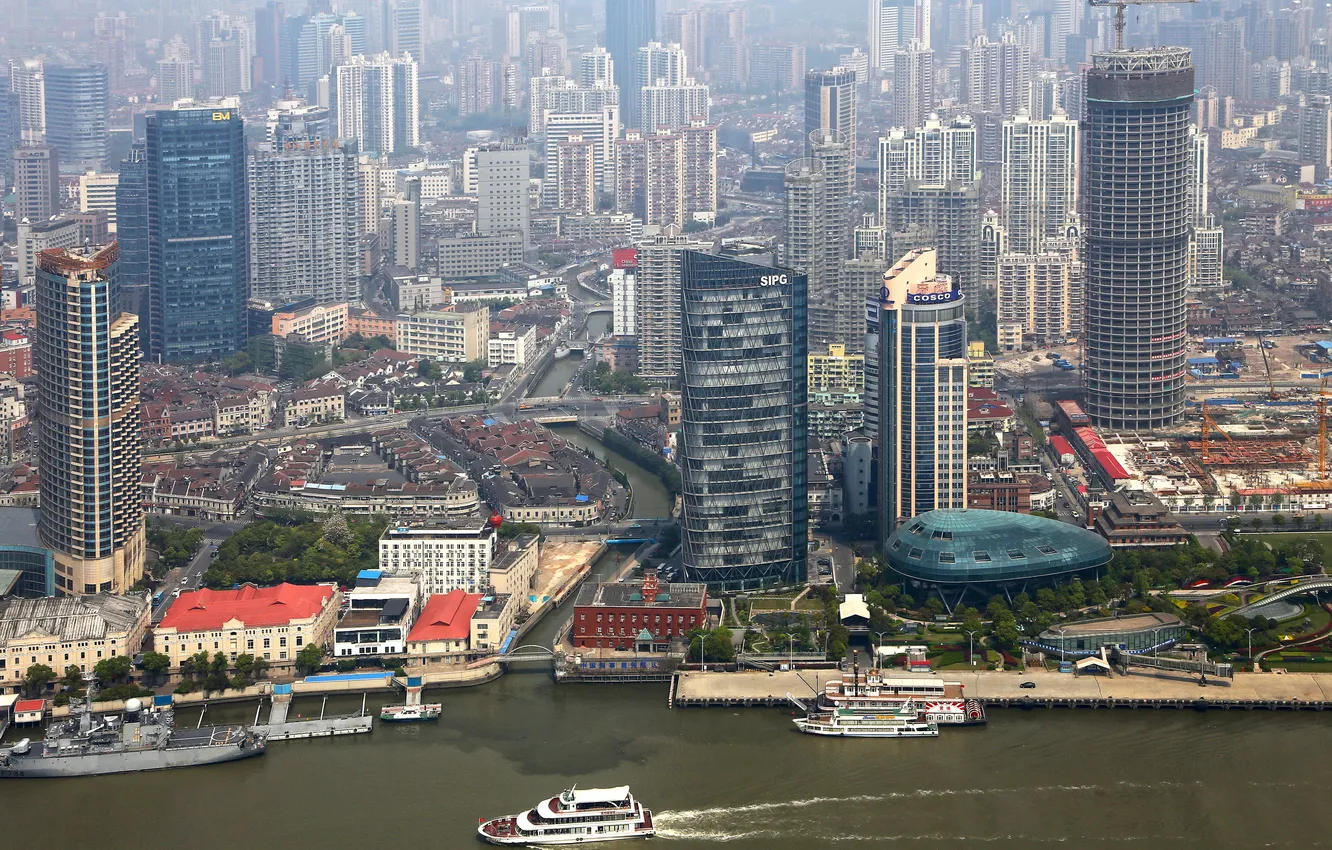 Фото обои город, фото, дома, небоскребы, сверху, Китай, Шанхай, мегаполис