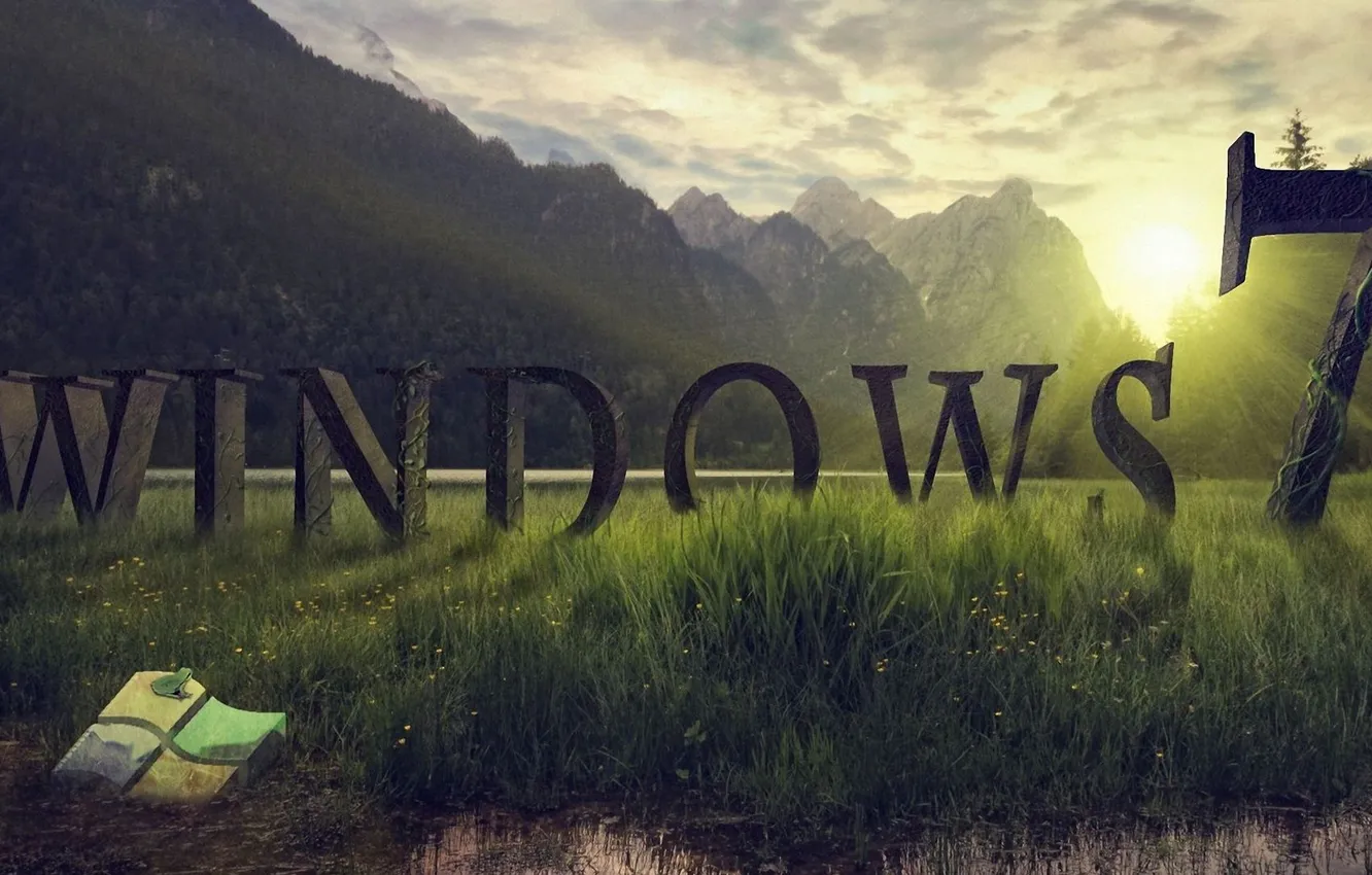 Фото обои трава, закат, горы, лягушка, Windows 7, заставка, программа