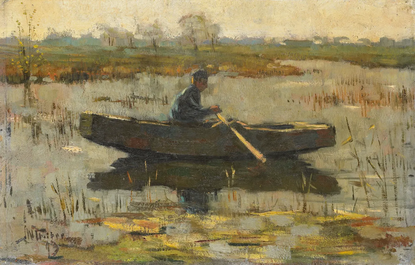 Фото обои пейзаж, масло, картина, 1926, Герман Волберс, Мужчина в лодке, Herman Wolbers