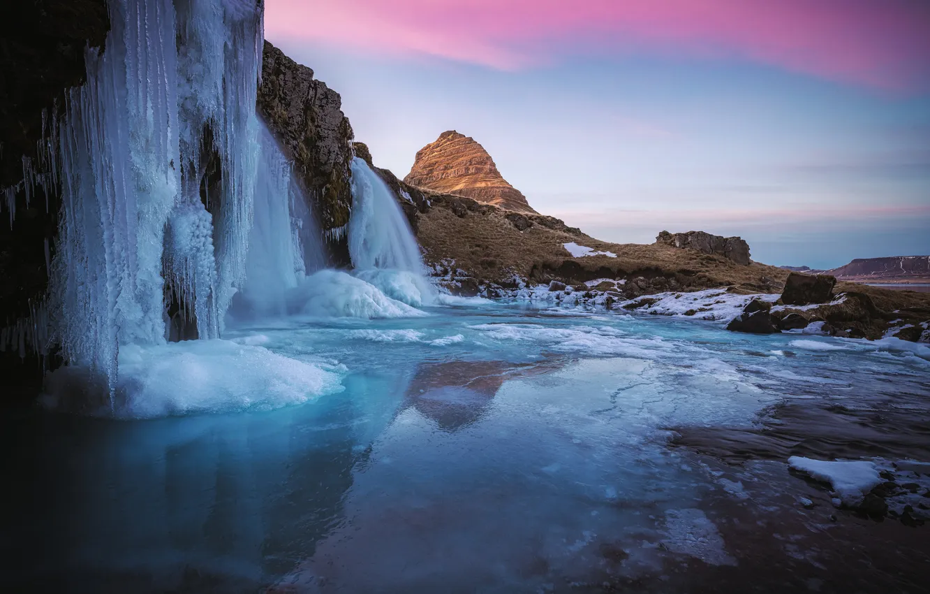 Фото обои лед, горы, водопад