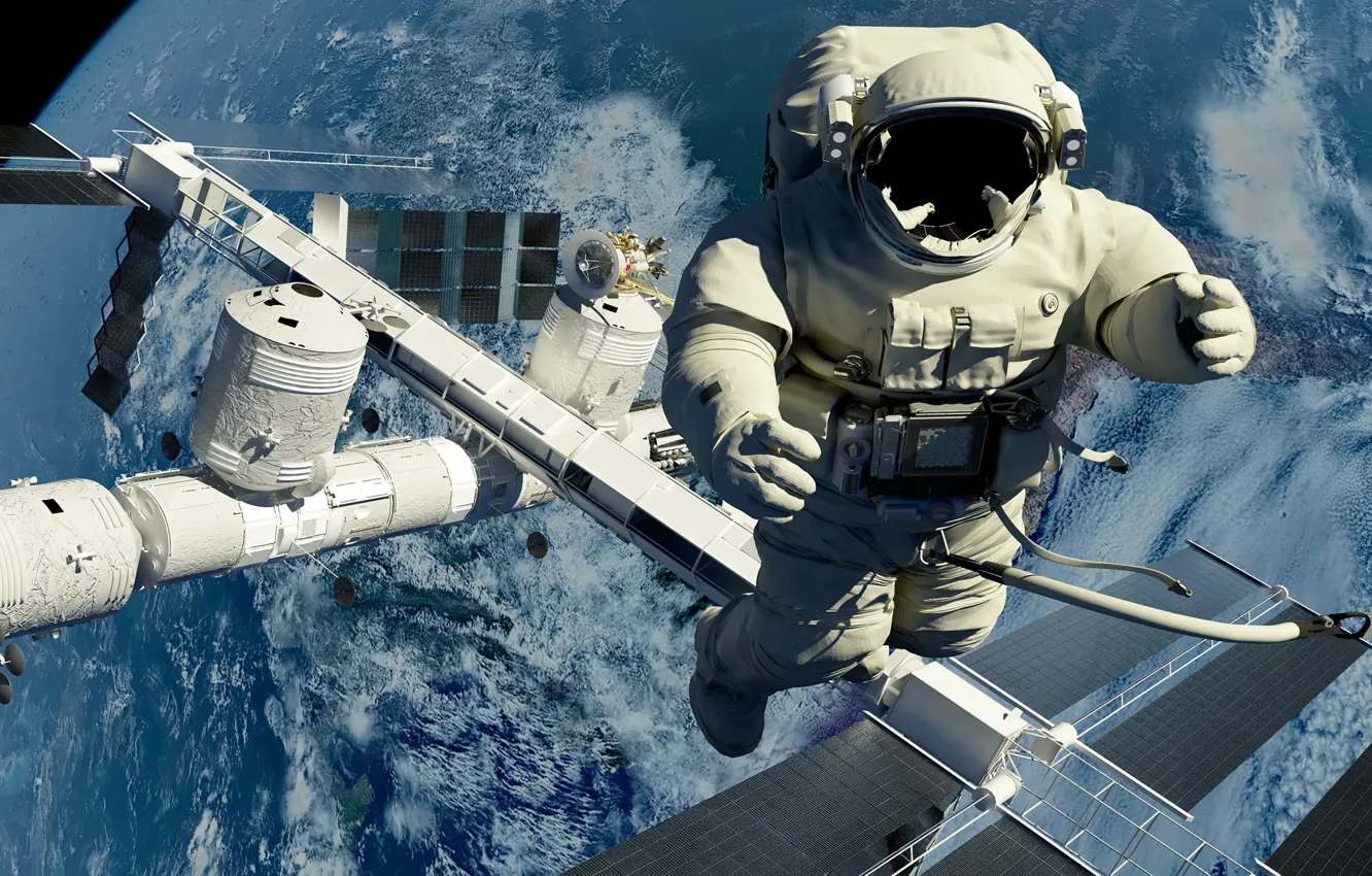 Фото обои космос, космонавт, станция, выход, космическая, в открытый