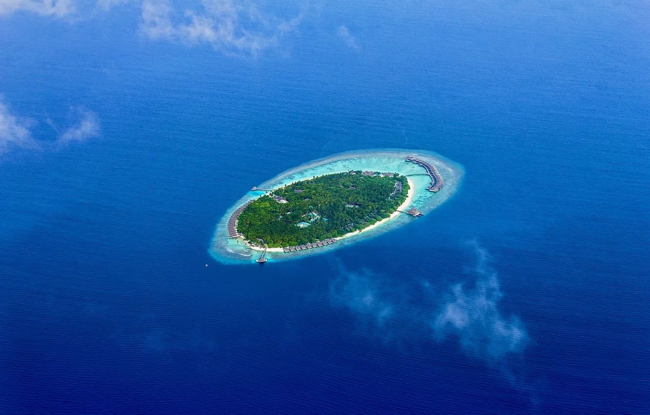 Фото обои море, остров, бунгало, риф, голубая вода