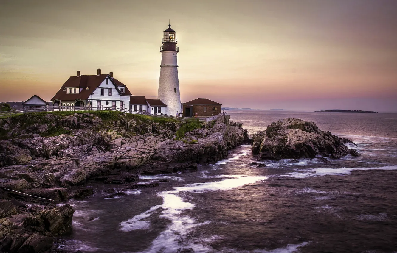 Фото обои пейзаж, закат, камни, океан, маяк, дома, Портленд, США