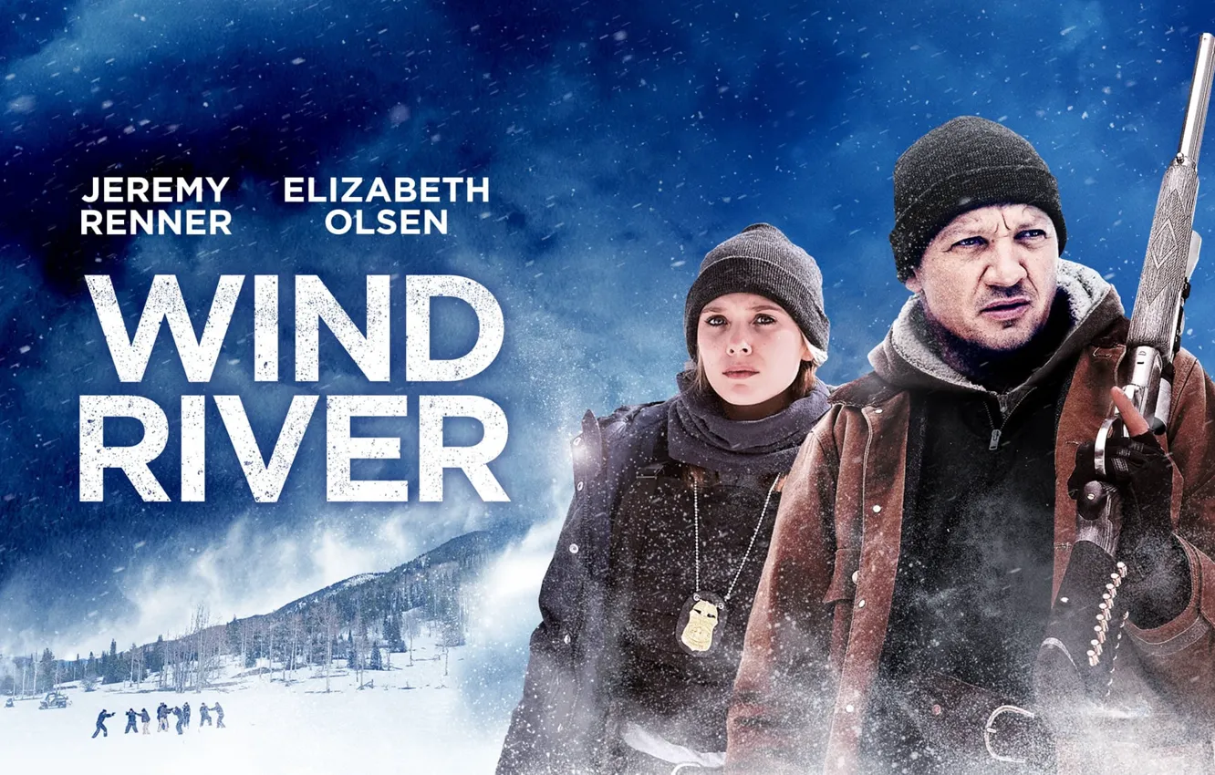 Фото обои Оружие, Джереми Реннер, Элизабет Олсен, Wind River, Ветреная река, Житон