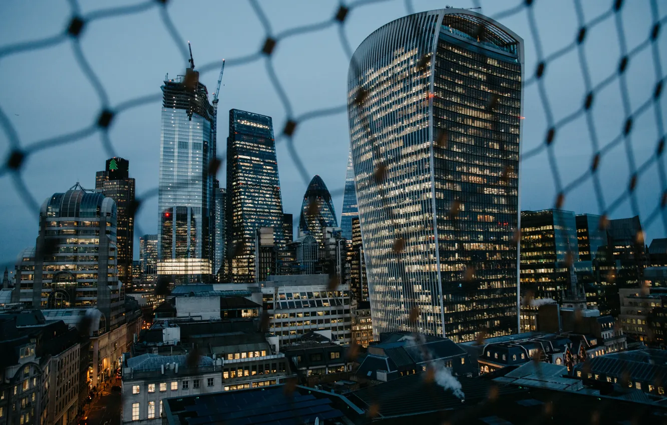 Фото обои city, lights, evening, fence, London, buildings, architecture, skyscrapers