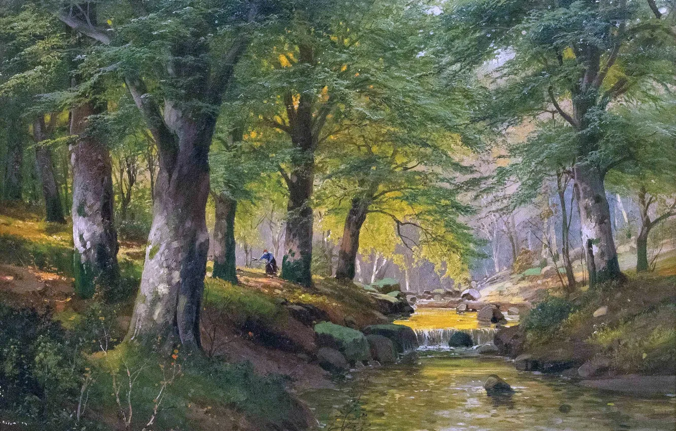Фото обои Деревья, Картина, Речка, Женщина, Alois Arnegger, Алоис Арнеггер, Австрийский живописец, Сборщица хвороста у ручья