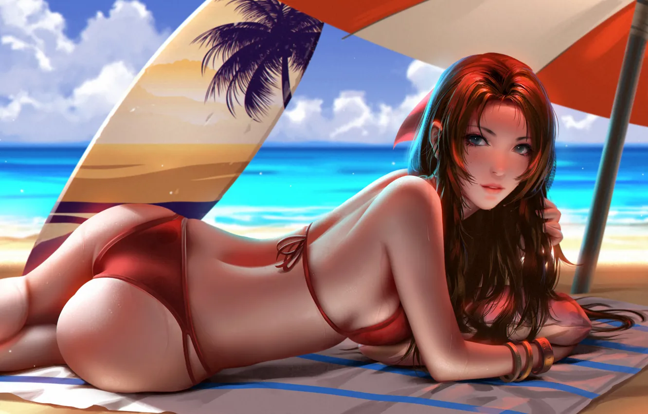 Фото обои girl, sexy, ass, Final Fantasy, beach, long hair, sea, boobs