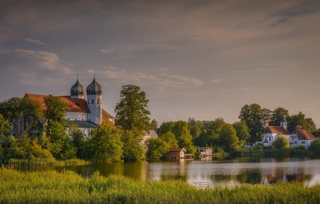 Фото обои пейзаж, природа, река, дома, Германия, Бавария, монастырь, купола