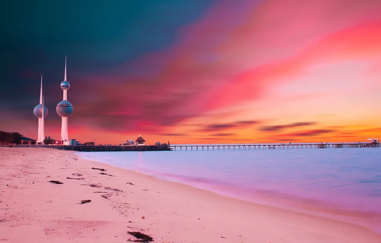 Фото обои пейзаж, закат, мост, kuwait towers