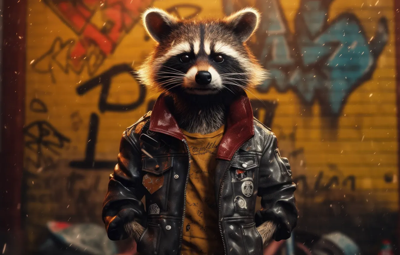 Фото обои leather, jacket, raccoon, ai art