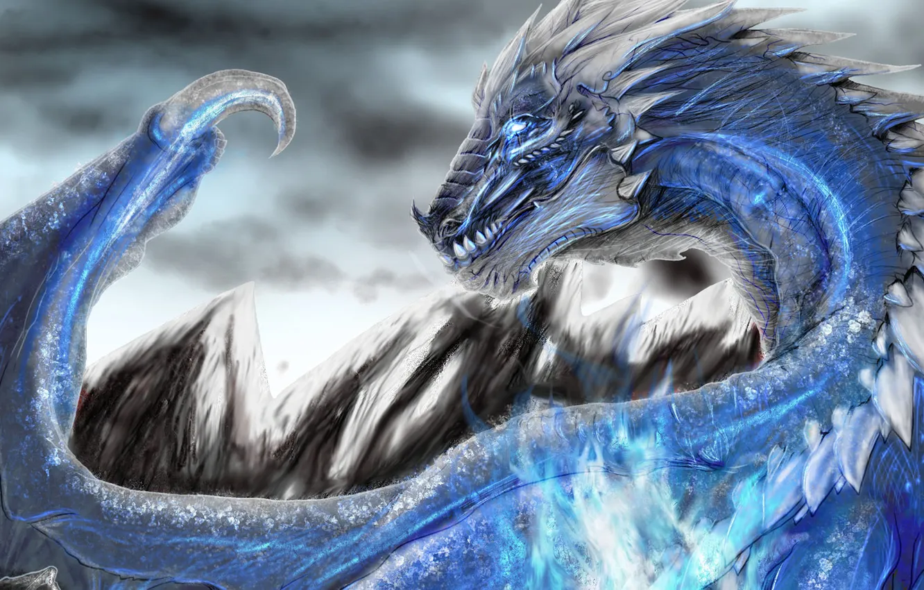 Фото обои холод, горы, синий, магия, дракон, монстр, арт