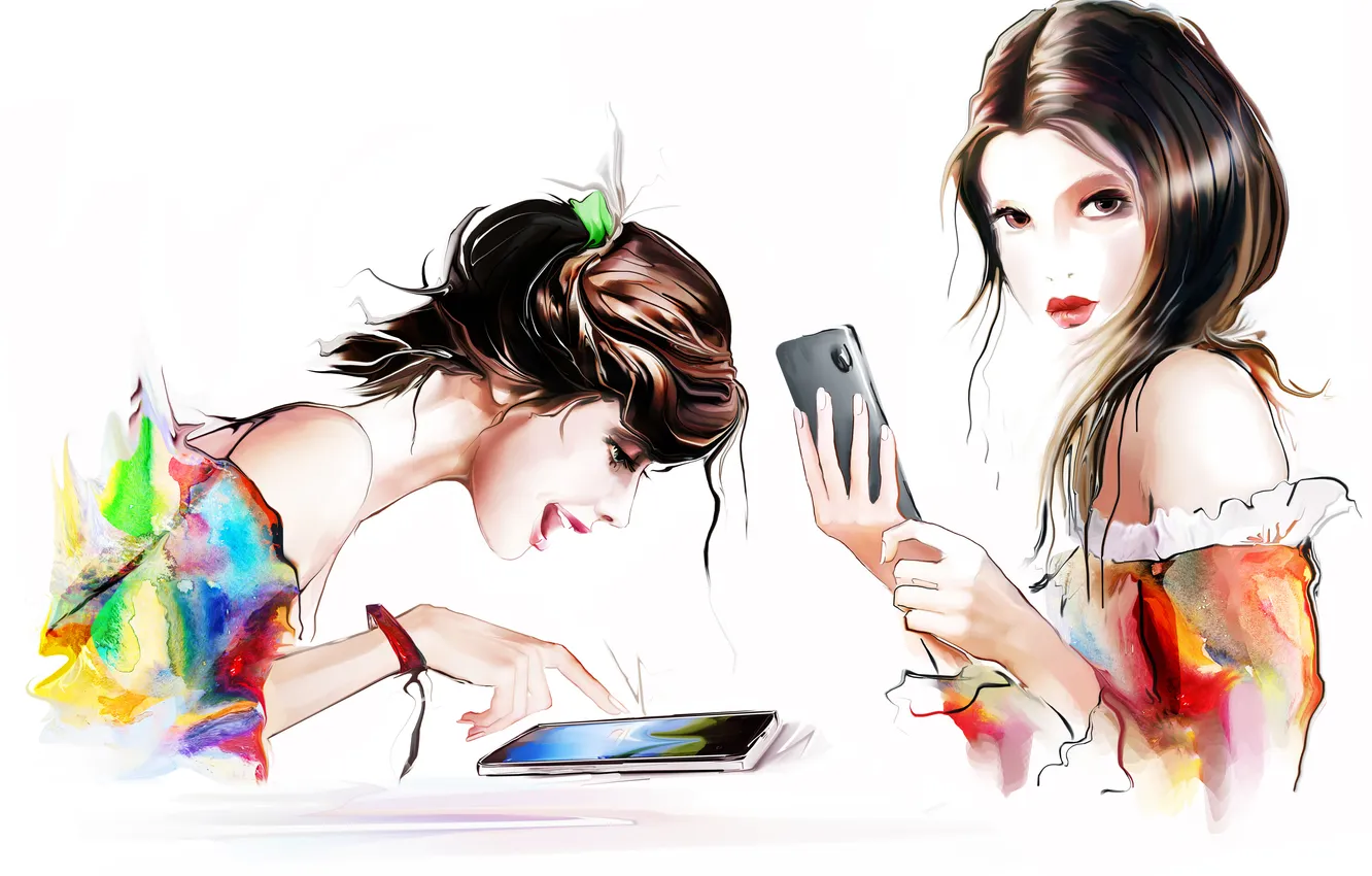 Фото обои взгляд, шатенки, телефоны, нарисованные девушки
