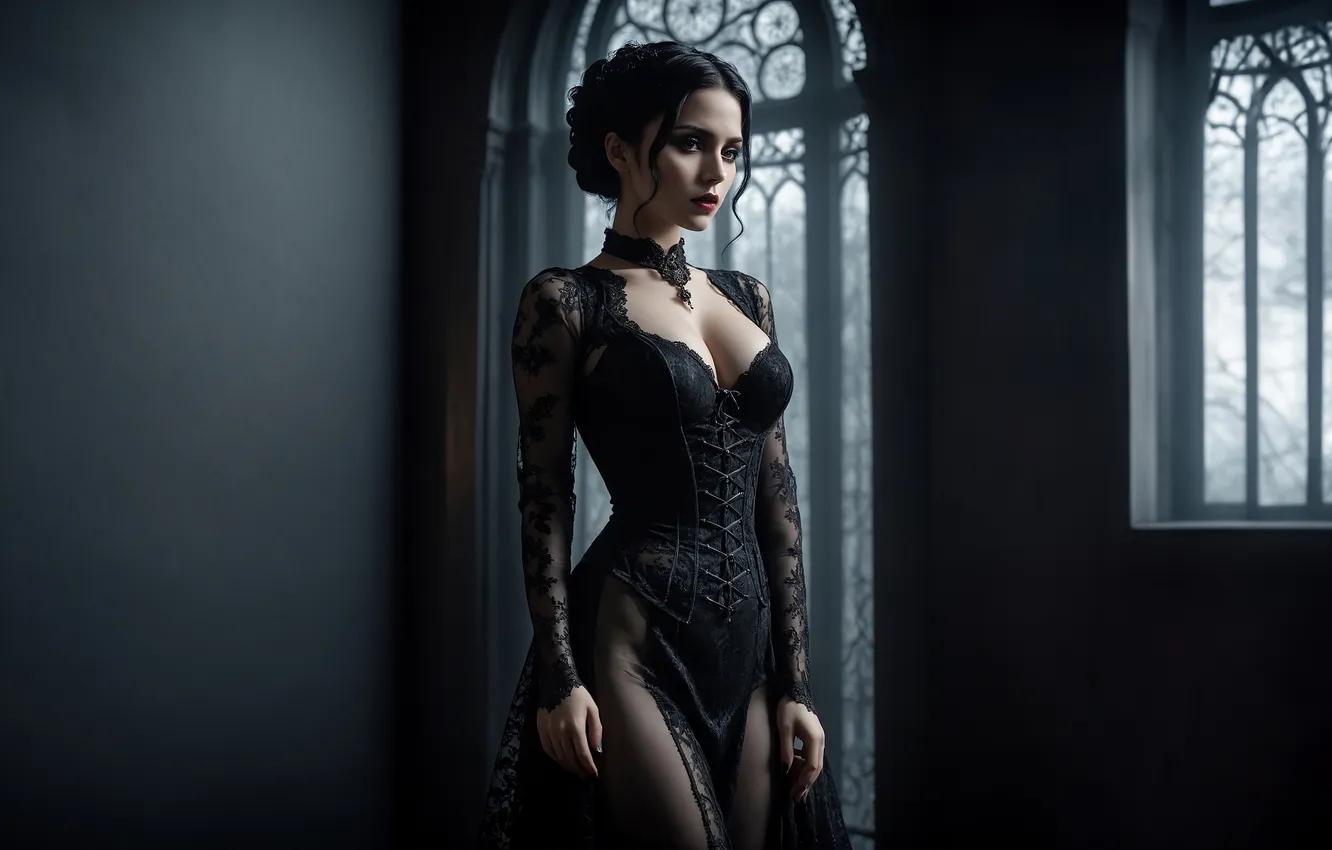 Фото обои dark, cleavage, gothic, black dress, AI art, neck cuff