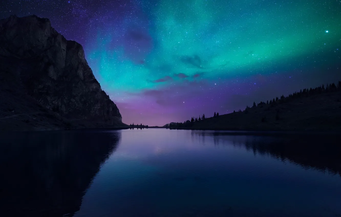 Фото обои озеро, тишина, гора, северное сияние, Ночь