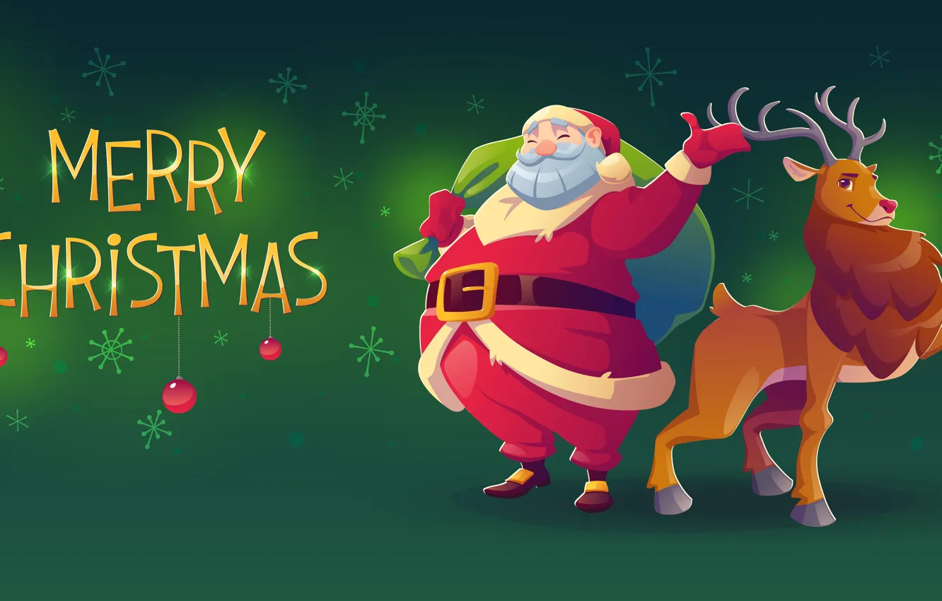 Фото обои олень, Рождество, Новый год, Санта Клаус, зелёный фон