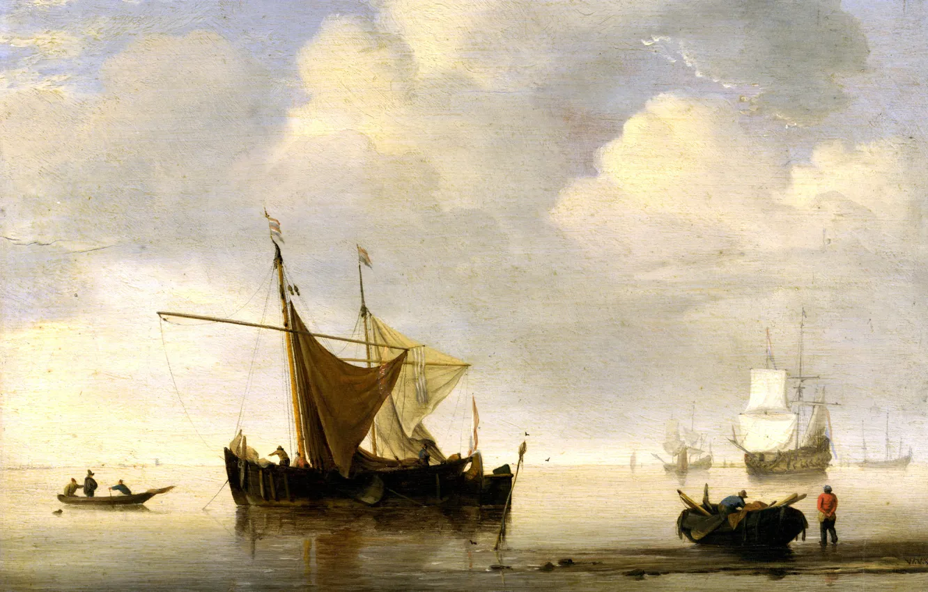 Фото обои море, лодка, корабль, картина, парус, Виллем ван де Велде Младший, Willem van de Velde, Безветрие. …