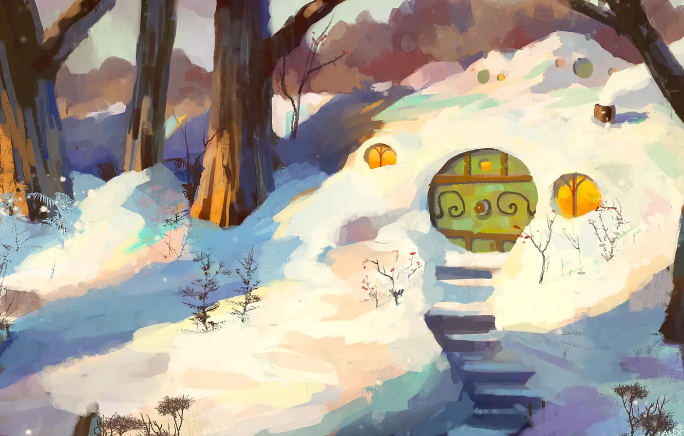 Фото обои зима, деревья, лесенка, дверь, арт, сугробы