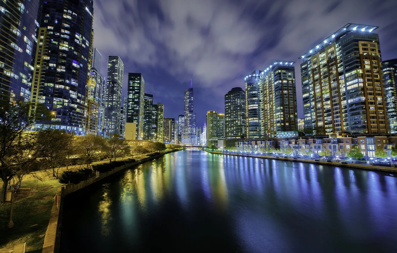 Фото обои ночь, огни, река, небоскребы, Чикаго, USA, Chicago, мегаполис