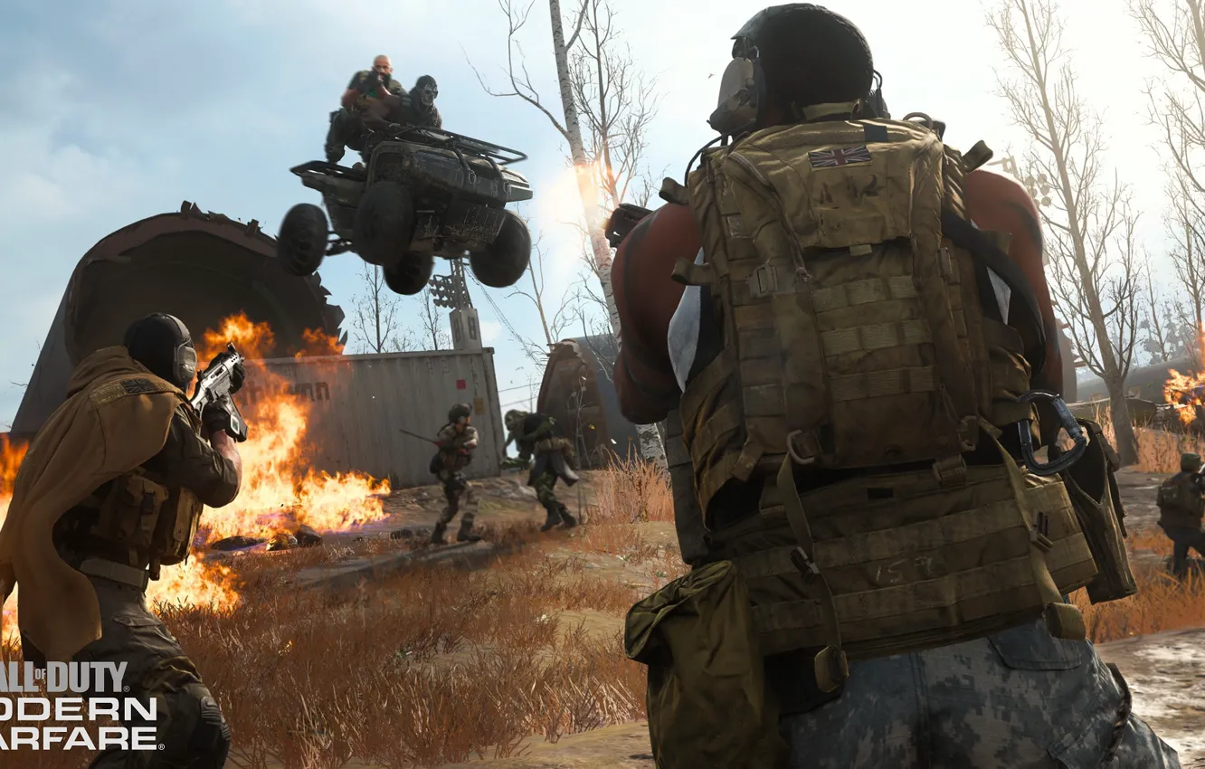 Фото обои машина, деревья, огонь, война, череп, маска, солдаты, Call of Duty